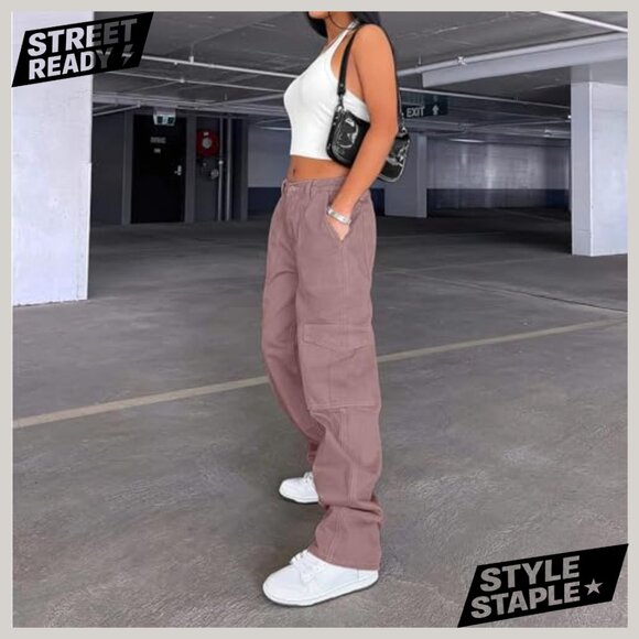High Waisted Cargo Pants with 6 Pockets Stretchy Wide Leg Streetwear - Picture 3 of 7